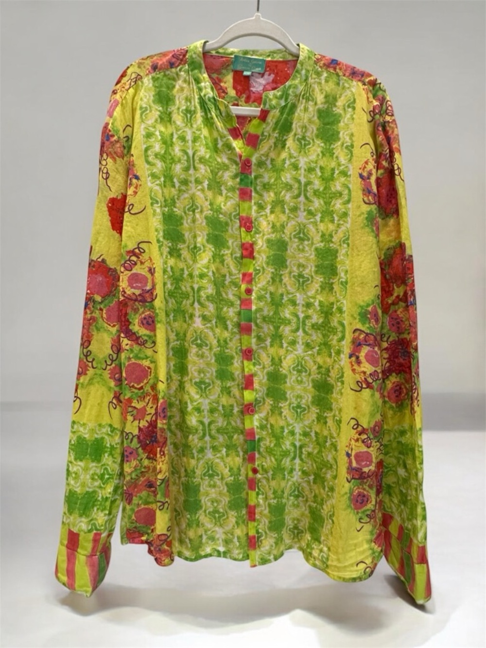 ANTICA SARTORIA  Yellow Green Pink 100% Cotton Button Down Shirt top Blouse L/XL